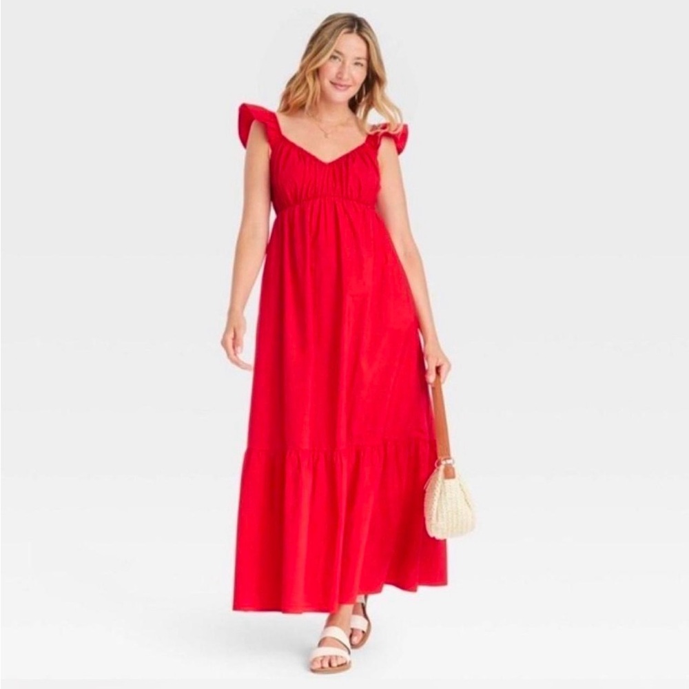 NWOT Universal Threads Red Ruffle Sleeve Peasant Maxi Dress with Pockets - XS